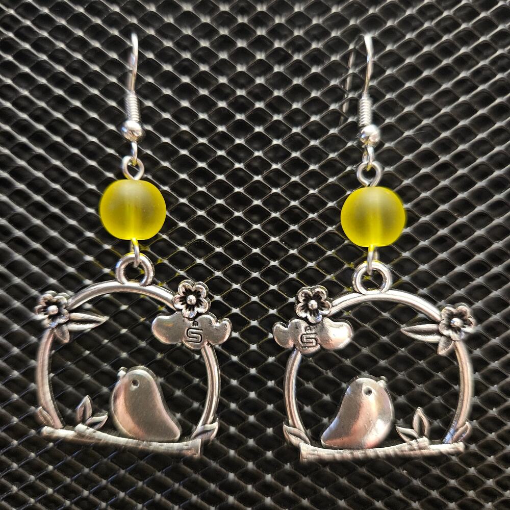Antique silver bird and flower earrings with frosted yellow bead earrings